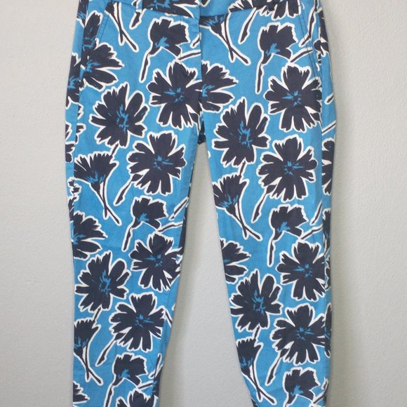 J. Crew Blue White Floral Chino Pants Women’s Size 0 Skimmer Slim Ankle - Picture 4 of 8